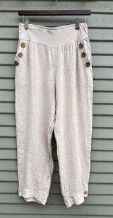 Tempo Paris 441ABG Beige 100% Wash Linen Crop Pants With Wide Band Waist Cuffed Hem and Two Pockets With Button Detail