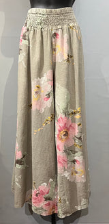 Plum Loco MC1440DT TAUPE One Size Linen & Cotton Floral Print Palazzo Pant