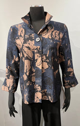 Shana 24847IVNavy and Ivory Floral Print Button-Front Shirt Jacket