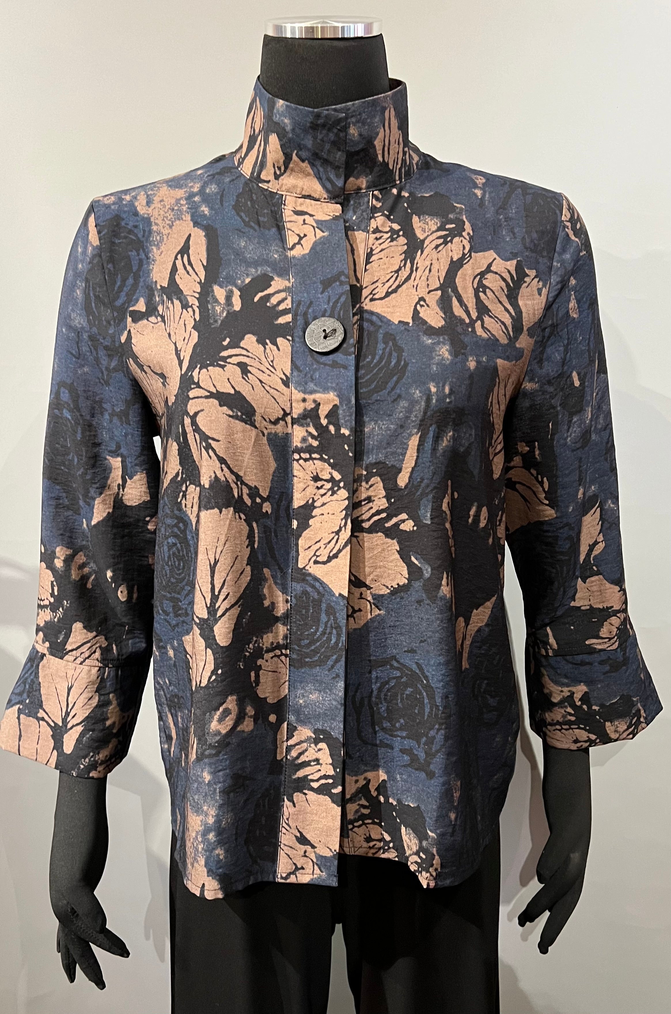 Shana 24847IVNavy and Ivory Floral Print Button-Front Shirt Jacket