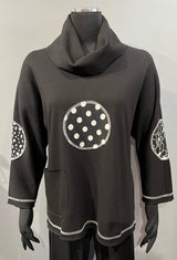 Christopher Calvin 2753BK Black French Terry Cowl Neck Top With Appliqué Circle Dots Mixed Media