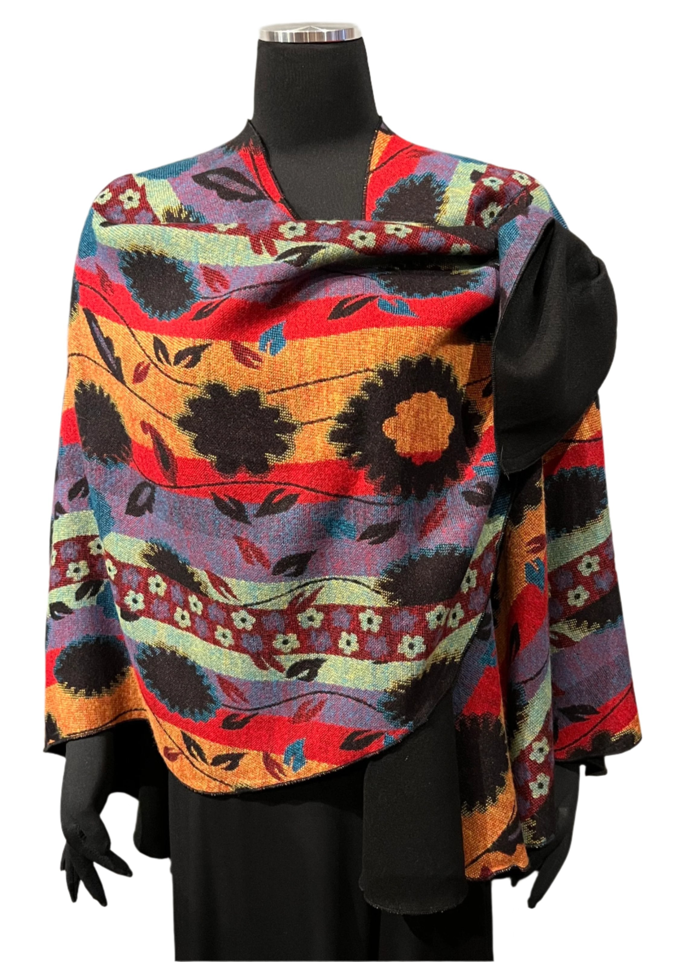 Rapti BS507 Multi Floral/Solid Black One Size Reversible 100% Cashmere Buckle Shawl