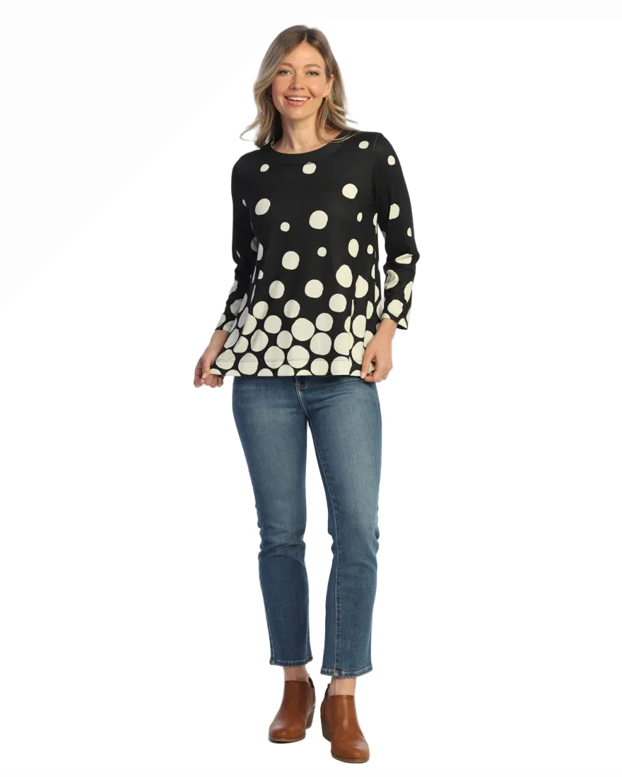 Jess & Jane JK1-2237 PALOOZA Black & White Polka Dot Brushed Hacci Knit Tunic Top With Side Slits