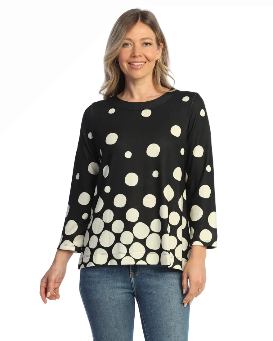 Jess & Jane JK1-2237 PALOOZA Black & White Polka Dot Brushed Hacci Knit Tunic Top With Side Slits