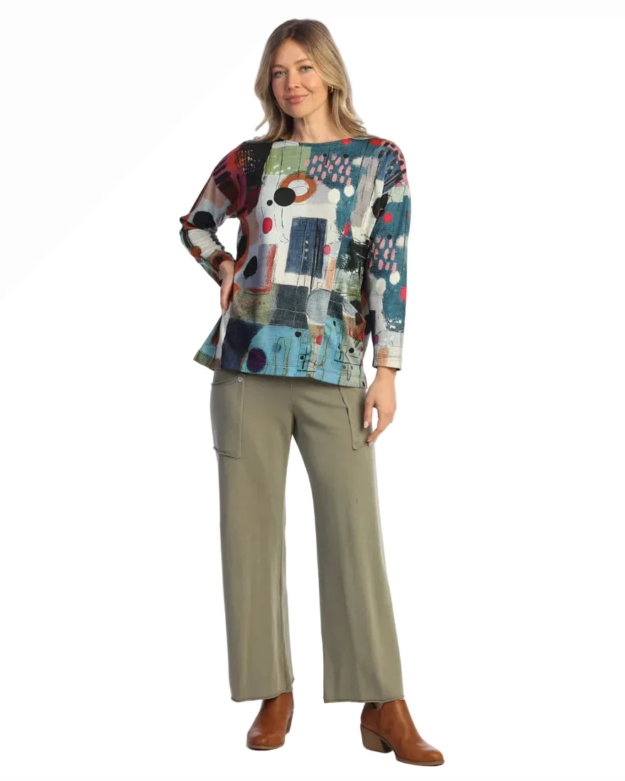 Jess & Jane JK2-2245 PAMPAS Brushed Hacci Knit Asymmetric Front Seam Top With Pocket