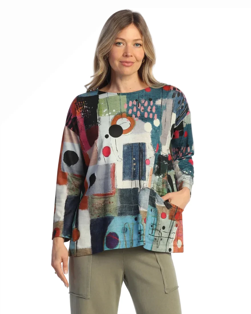 Jess & Jane JK2-2245 PAMPAS Brushed Hacci Knit Asymmetric Front Seam Top With Pocket