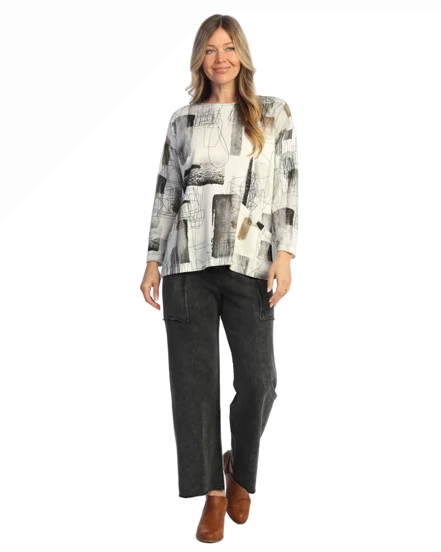 Jess & Jane JK2-2269 SCRIBBLES Brushed Hacci Asymmetric Front Seam Top With Pocket