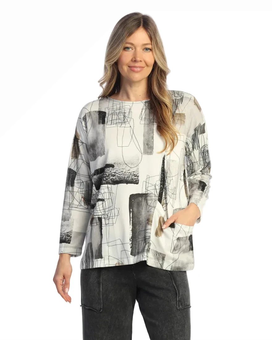 Jess & Jane JK2-2269 SCRIBBLES Brushed Hacci Asymmetric Front Seam Top With Pocket
