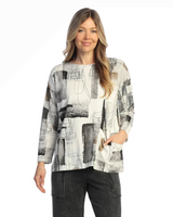 Jess & Jane JK2-2269 SCRIBBLES Brushed Hacci Asymmetric Front Seam Top With Pocket
