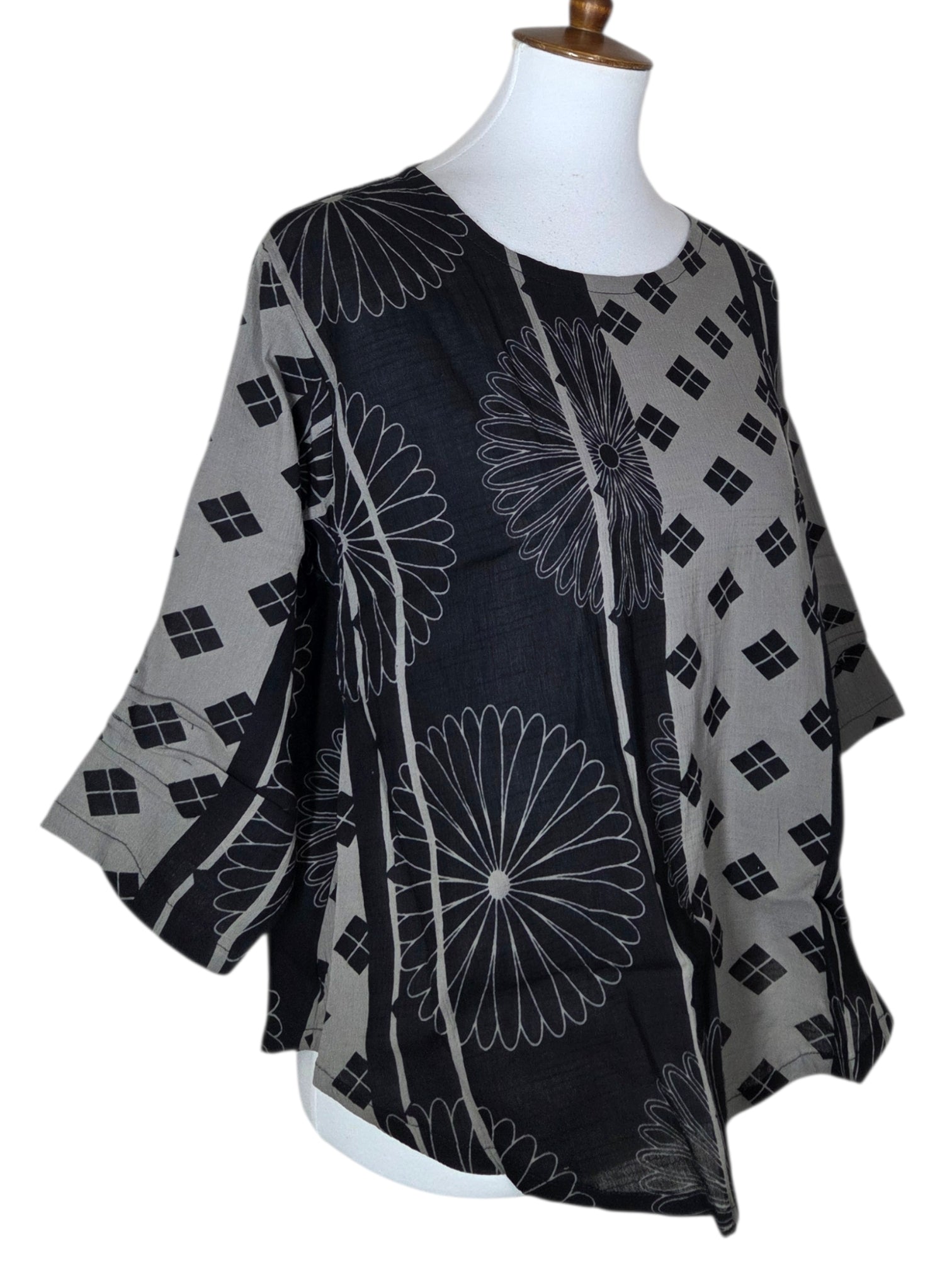 Yasuko KI-176G GRAY Essential Hand Printed Polka Dot & Stripe Blouse