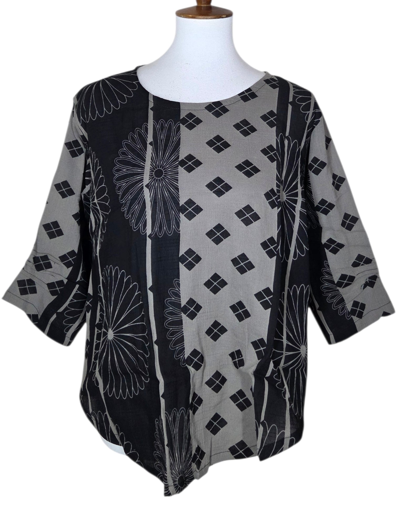 Yasuko KI-176G GRAY Essential Hand Printed Polka Dot & Stripe Blouse