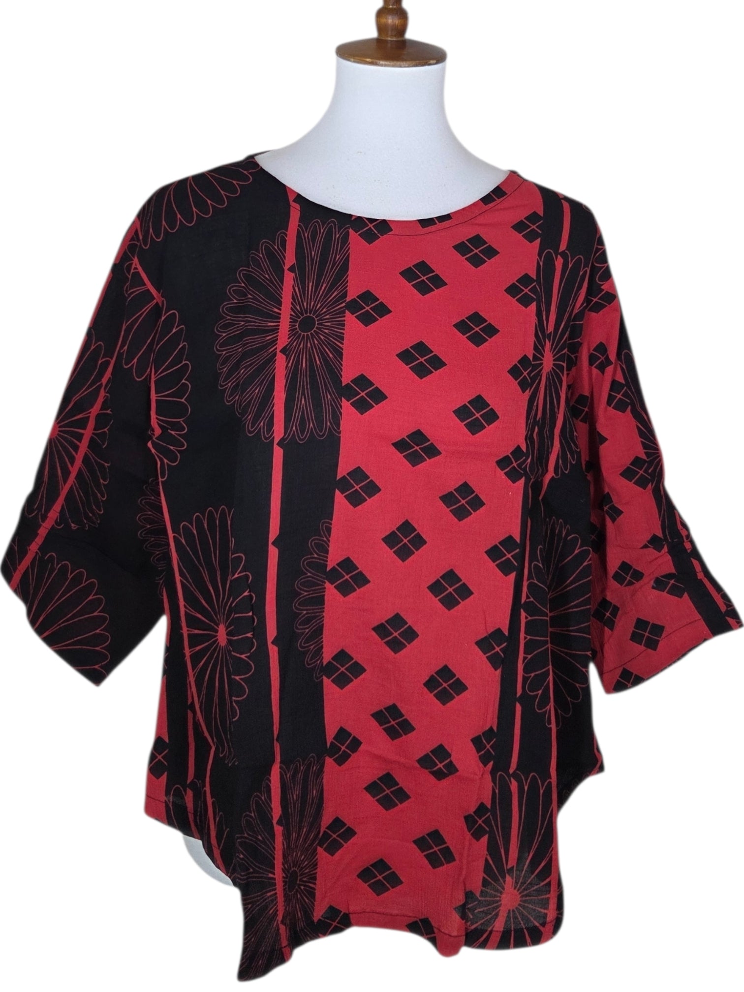 Yasuko KI-176RE RED Essential Hand Printed Polka Dot & Stripe Blouse