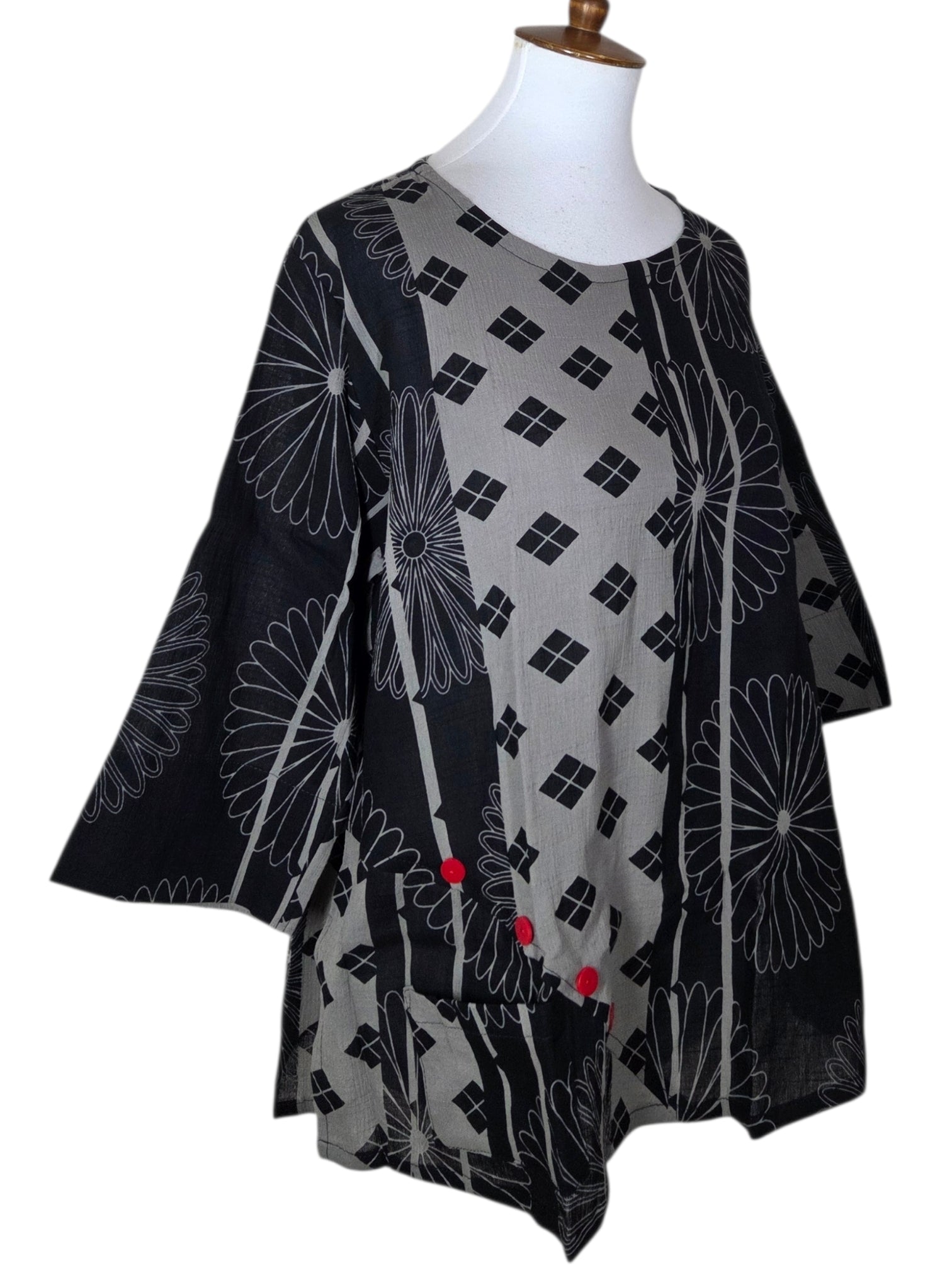 Yasuko KI-203GR GRAY Hand Printed Button Blouse