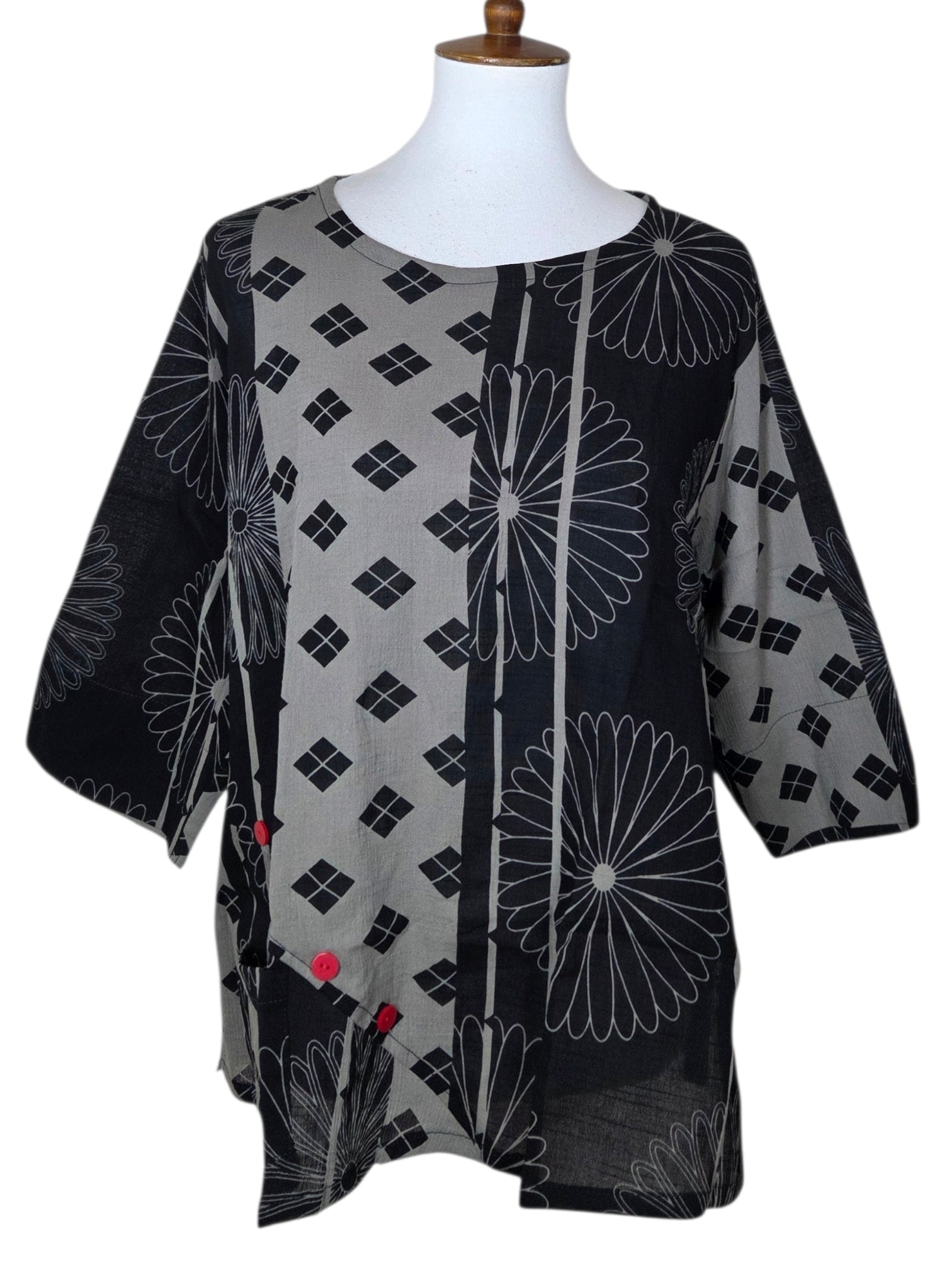 Yasuko KI-203GR GRAY Hand Printed Button Blouse