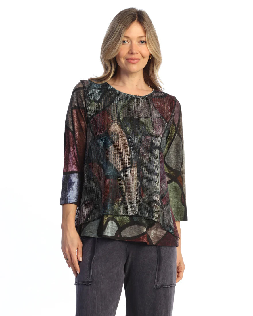 Jess & Jane KM7-2120 MELODY Cotton Modal 3/4 Sleeve Top With Boucle Mesh Overlay