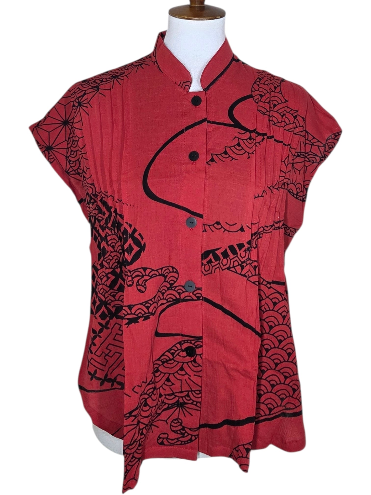 Yasuko KW126RE RED Kimono Wave Pintuck Cap Sleeve Lightweight Blouse