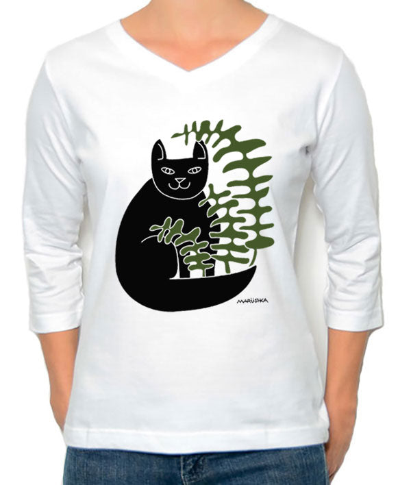Marüshka CFRNBW CAT FERN Black & Olive on White 3/4 Sleeve V-Neck T-Shirt