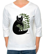 Marüshka CFRNBW CAT FERN Black & Olive on White 3/4 Sleeve V-Neck T-Shirt