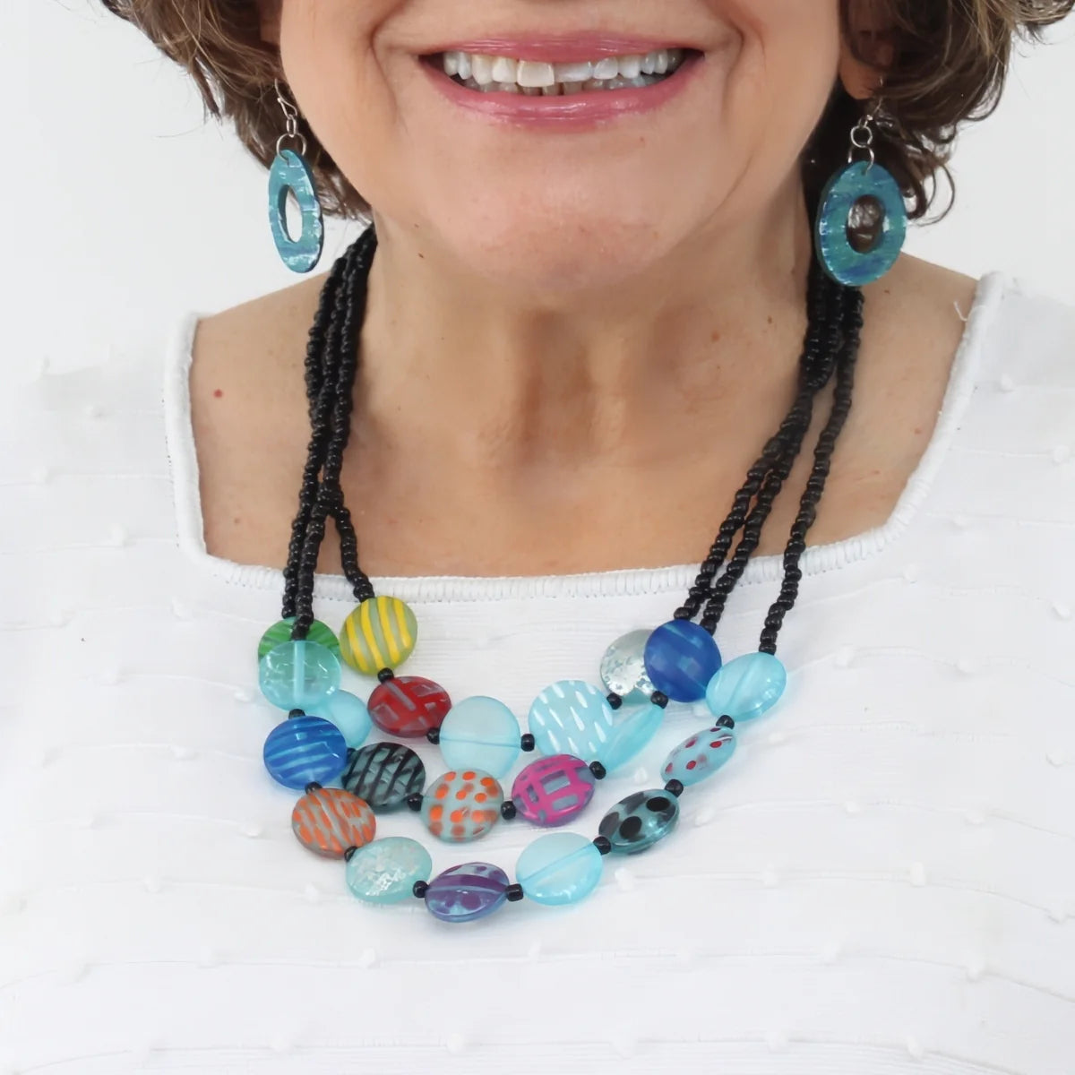 Sylca LS26N09BU Blue Sea Stone Triple Strand Necklace