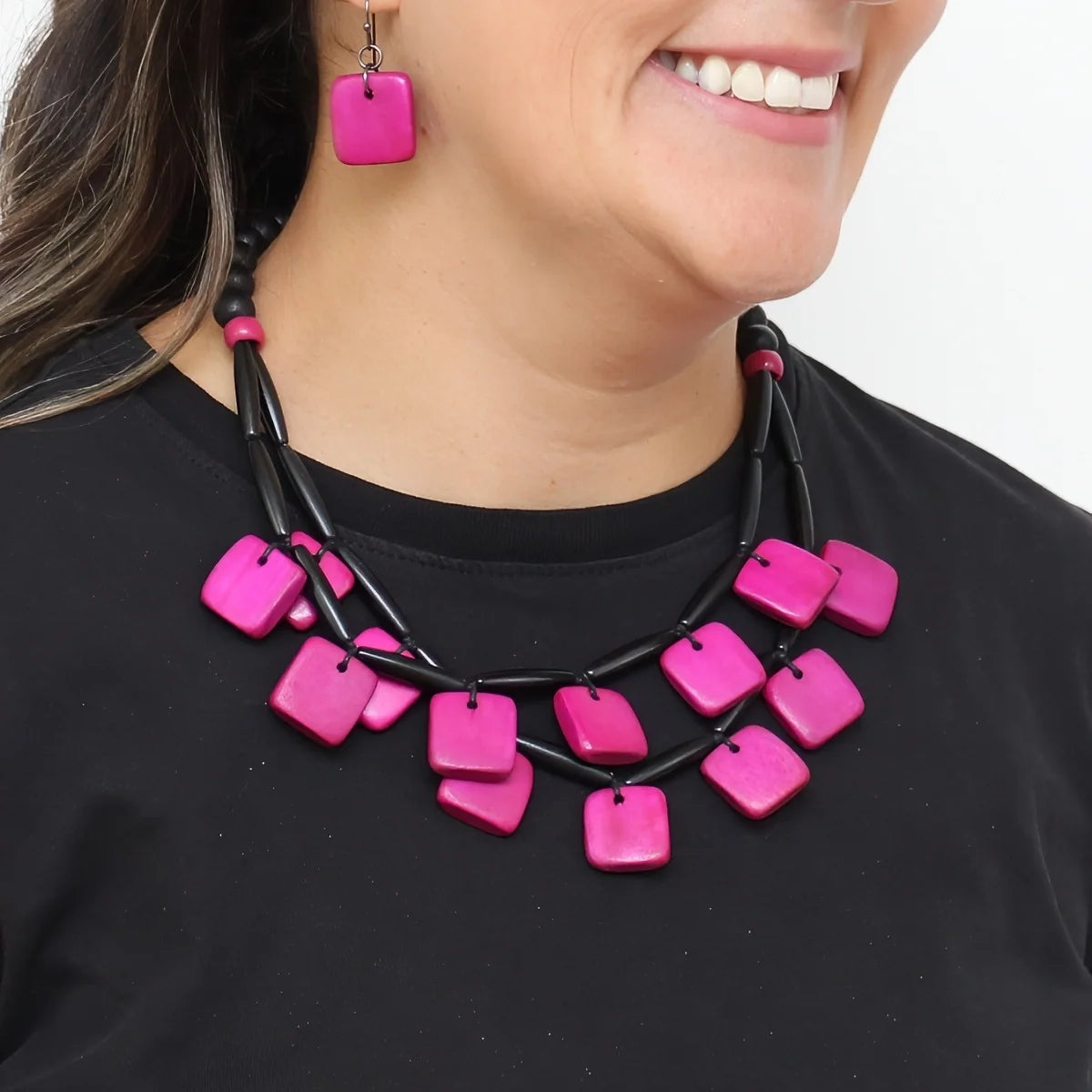 Sylca LS26N31 FUCHSIA Cascade Wooden Statement Necklace