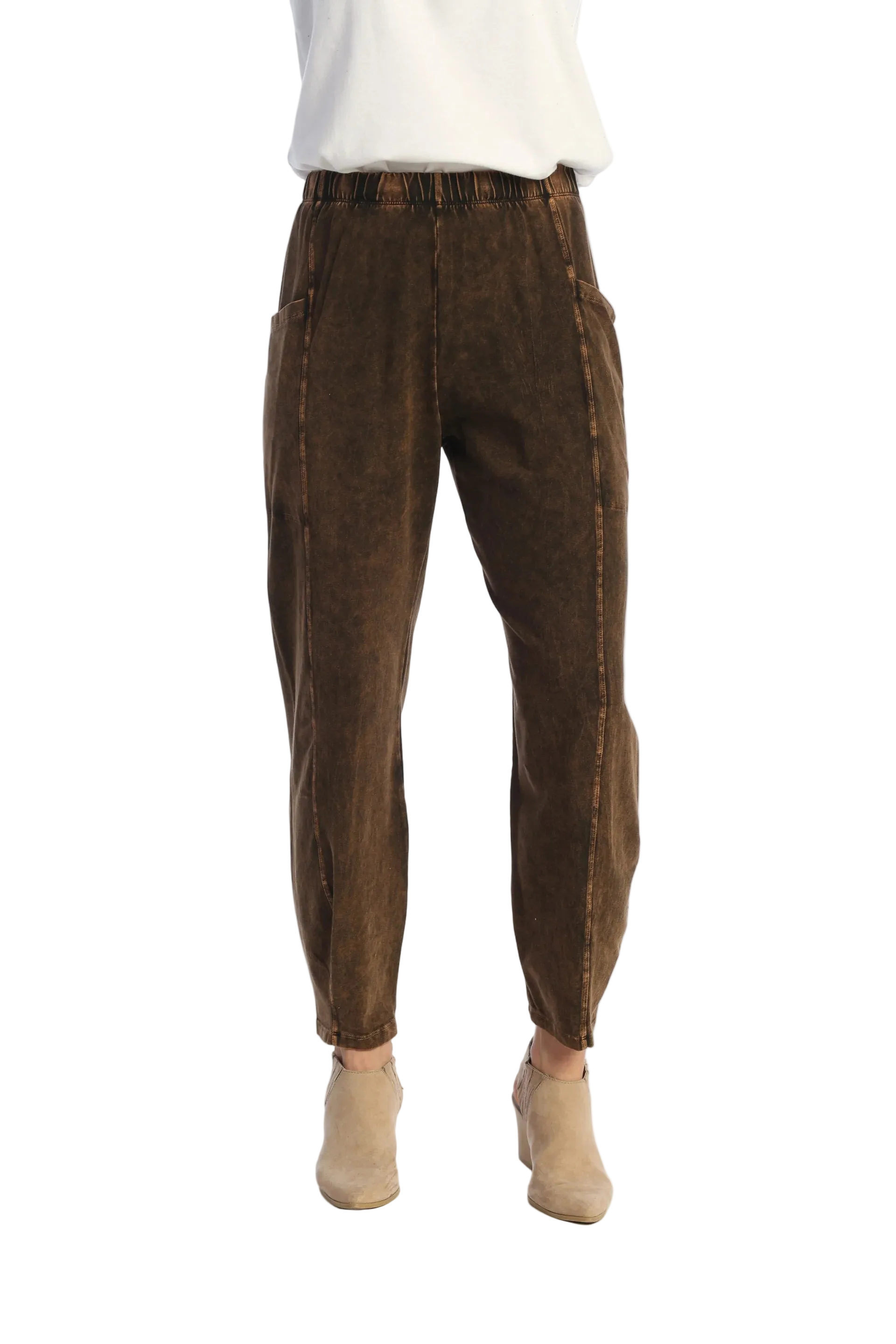 Jess & Jane M100CHO CHOCOLATE Mineral Washed Garment Dyed Cotton Spandex Lantern Pants With Side Patch Pockets