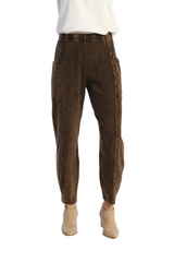 Jess & Jane M100CHO CHOCOLATE Mineral Washed Garment Dyed Cotton Spandex Lantern Pants With Side Patch Pockets
