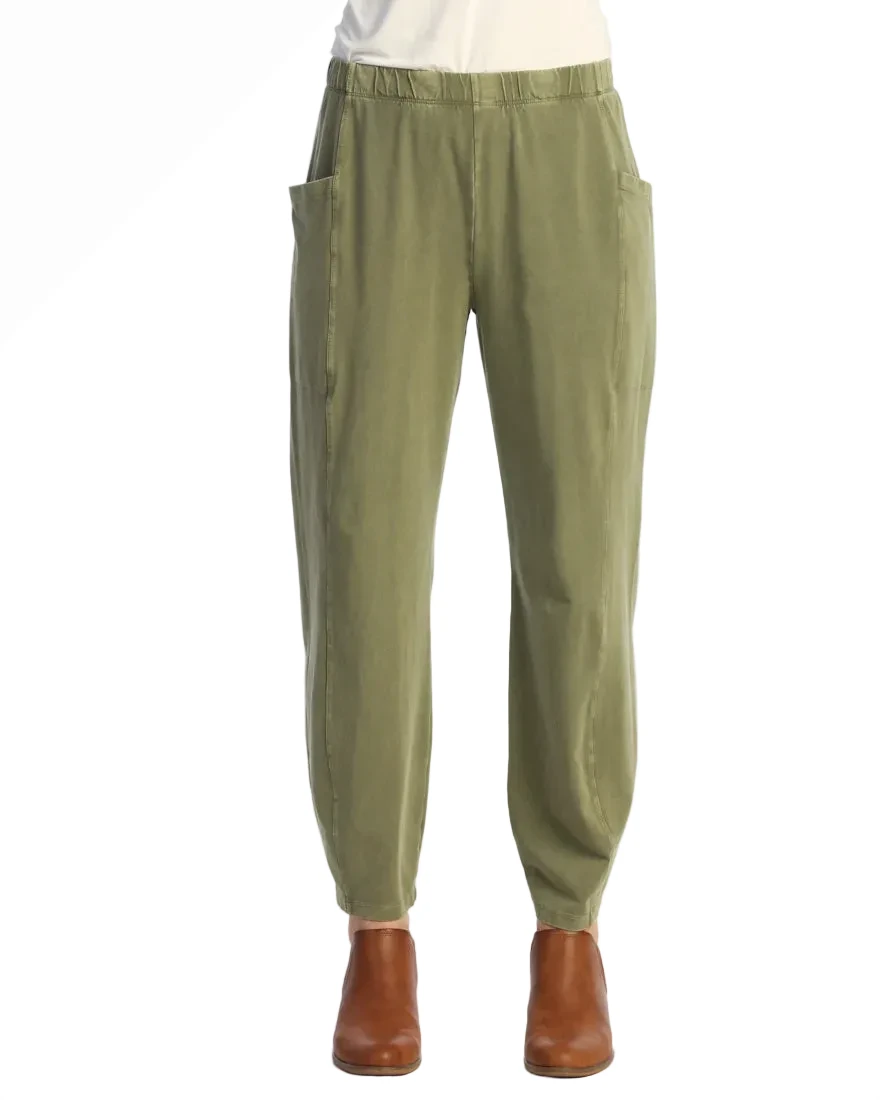 Jess & Jane M100MO MOSS Mineral Washed Garment Dyed Cotton Spandex Lantern Pants With Side Patch Pockets