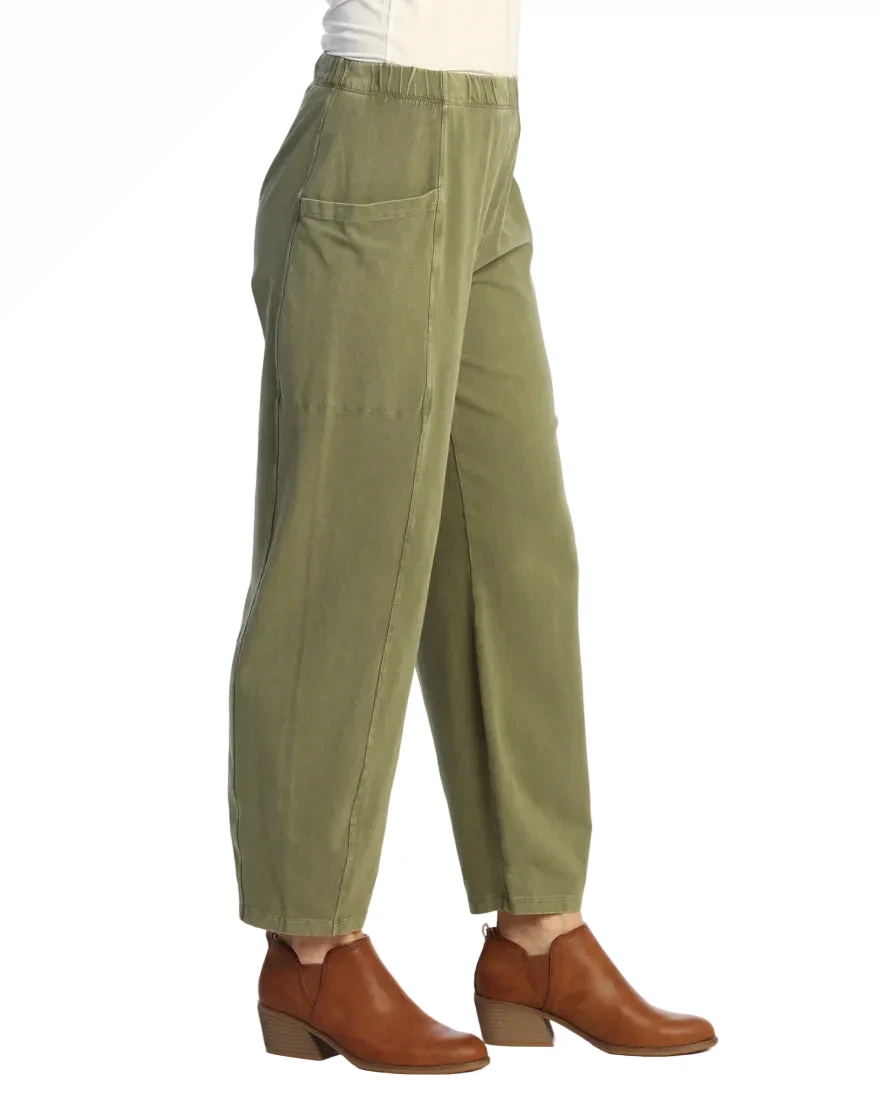 Jess & Jane M100MO MOSS Mineral Washed Garment Dyed Cotton Spandex Lantern Pants With Side Patch Pockets