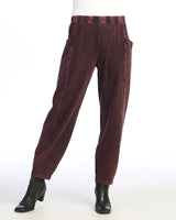 Jess & Jane M100WN Wine Mineral Washed Cotton Spandex Lantern Pants With Side Patch Pockets