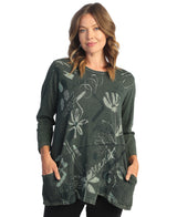 Jess & Jane M101-1783 Juniper Salsa Mineral Washed 100% Cotton Tunic Top With Wavy Jersey Contrast Patch Pocket
