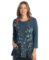 Jess & Jane M101-1831 Sapphire Kelly Mineral Washed 100% Cotton Tunic Top With Wavy Jersey Contrast