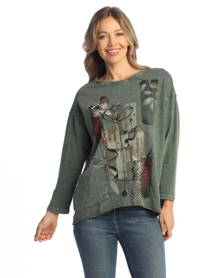 Jess & Jane M111-2163OV Olive ANTIGUA Mineral Washed French Terry Drop Shoulder Top With Thermal Pocket