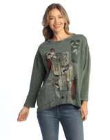 Jess & Jane M111-2163OV Olive ANTIGUA Mineral Washed French Terry Drop Shoulder Top With Thermal Pocket