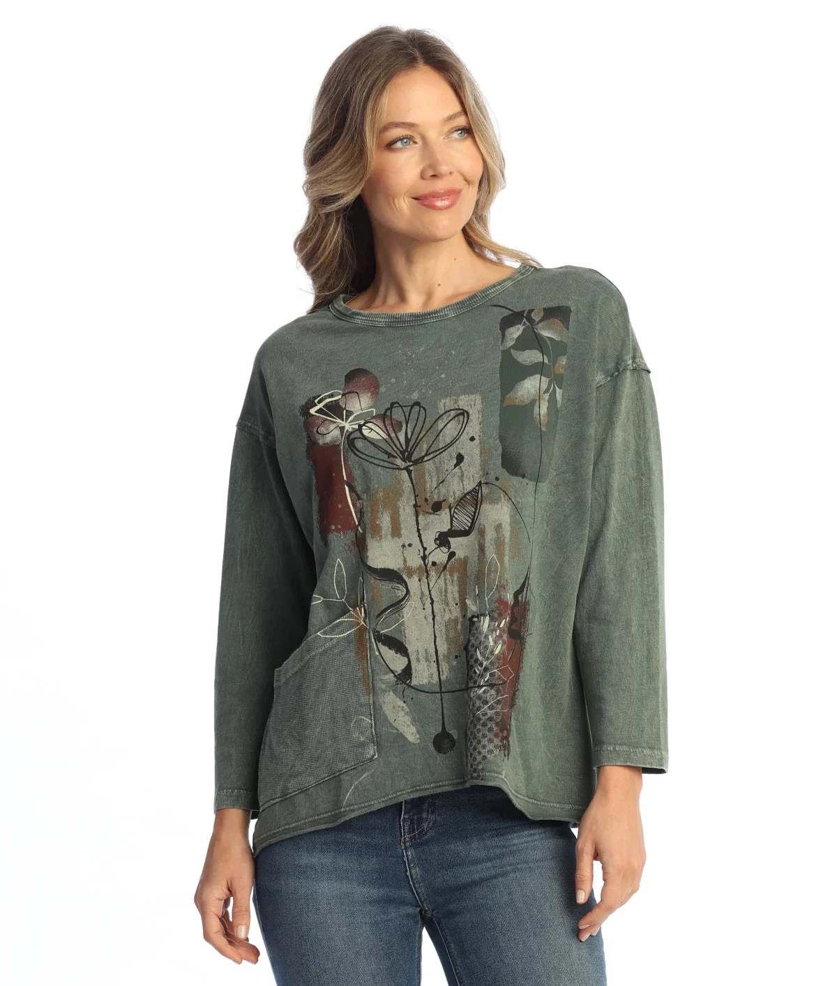 Jess & Jane M111-2163OV Olive ANTIGUA Mineral Washed French Terry Drop Shoulder Top With Thermal Pocket