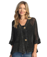 Jess & Jane M116BK Black Mineral Washed Flounce Hem Mesh Cardigan With 2-Button Closure