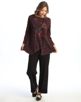 Jess & Jane M122-2151 Wine FORGET-ME-NOT Mineral Washed 100% Cotton Faux Wrap Tunic Top With Wavy Contrast
