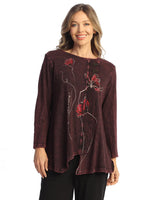 Jess & Jane M122-2151 Wine FORGET-ME-NOT Mineral Washed 100% Cotton Faux Wrap Tunic Top With Wavy Contrast
