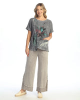 Jess & Jane M125SL Slate Mineral Washed Wide Leg Pant With Pleated Rib Hem and Button Accents