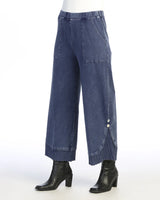 Jess & Jane M125DN Denim Mineral Washed Wide Leg Pant With Pleated Rib Hem and Button Accents