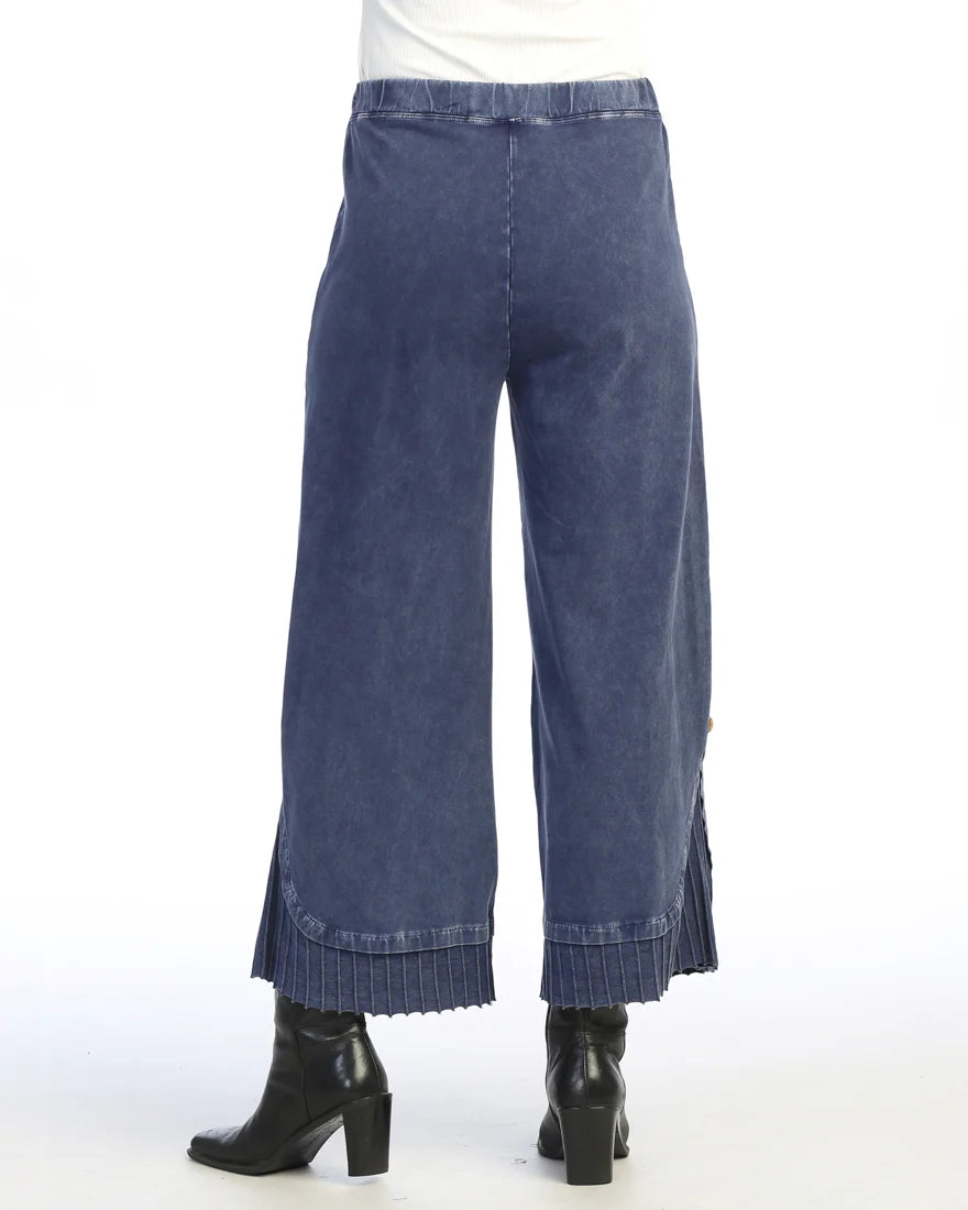 Jess & Jane M125DN Denim Mineral Washed Wide Leg Pant With Pleated Rib Hem and Button Accents