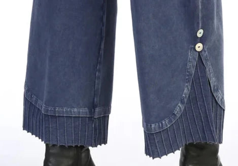 Jess & Jane M125DN Denim Mineral Washed Wide Leg Pant With Pleated Rib Hem and Button Accents