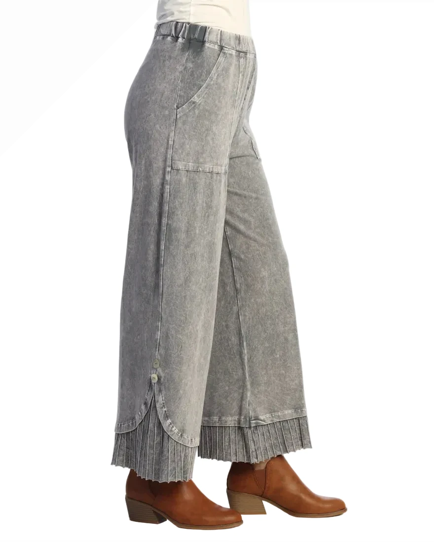 Jess & Jane M125MID MIDNIGHT Mineral Washed Garment Dyed Wide-Leg Pant With Fat Rib Contrast And Button Accent