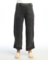 Jess & Jane M125BK Black Mineral Washed Wide Leg Pant With Pleated Rib Hem and Button Accents