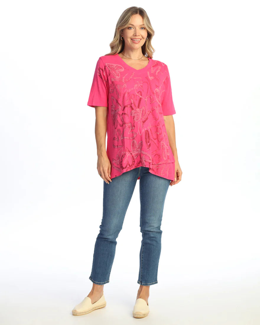 Jess & Jane M136-2213 FUSA LOVEBUG Garment Dyed 100% Cotton V-Neck Half Sleeve Tulip Hem Top