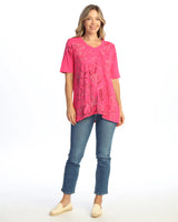 Jess & Jane M136-2213 FUSA LOVEBUG Garment Dyed 100% Cotton V-Neck Half Sleeve Tulip Hem Top