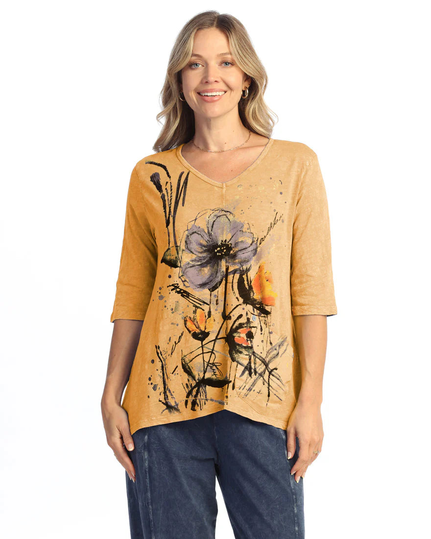 Jess & Jane M139-2215 Wheat WINDFLOWER Mineral Washed 100% Cotton V-Neck Elbow Sleeve Tunic With Contrast Pocket And Buttons