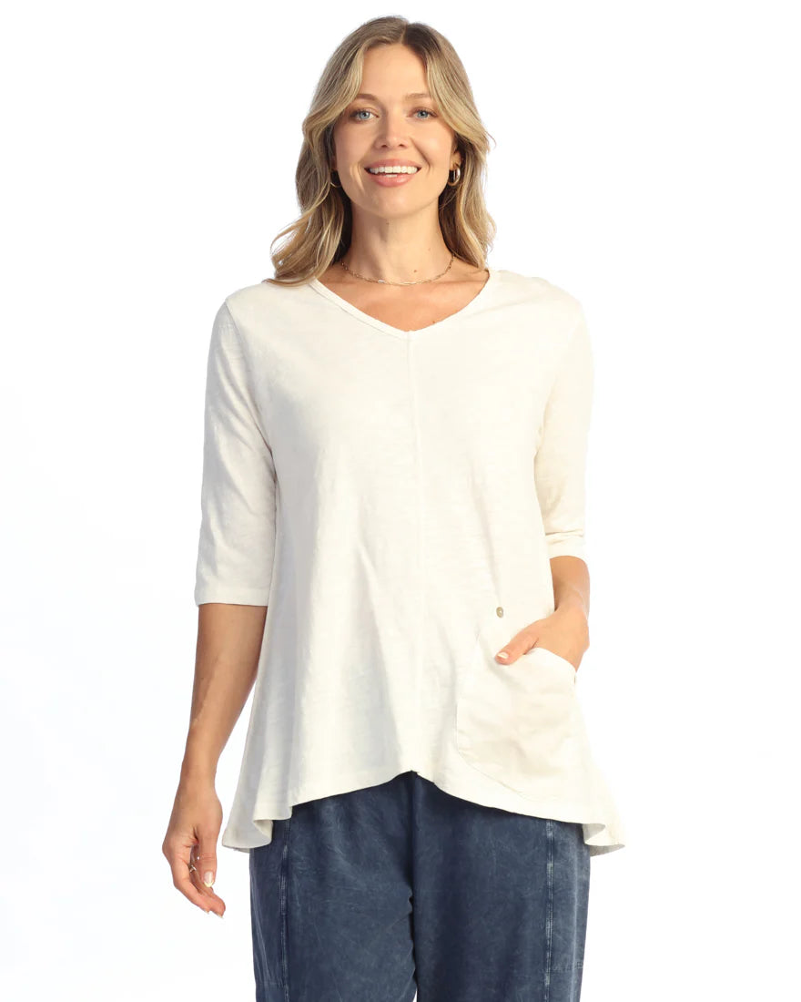 Jess & Jane M139CRM CREAM Mineral Washed 100% Cotton V-Neck Elbow Sleeve Tunic With Contrast Pocket And Buttons