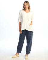 Jess & Jane M139CRM CREAM Mineral Washed 100% Cotton V-Neck Elbow Sleeve Tunic With Contrast Pocket And Buttons