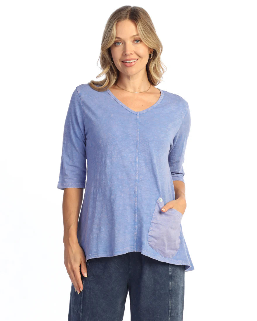 Jess & Jane M139PAC PACIFIC Mineral Washed 100% Cotton V-Neck Elbow Sleeve Tunic With Contrast Pocket And Buttons