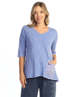 Jess & Jane M139PAC PACIFIC Mineral Washed 100% Cotton V-Neck Elbow Sleeve Tunic With Contrast Pocket And Buttons